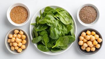 Spinach, chickpeas, and nuts in bowls photo