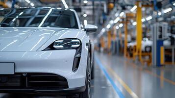 A white porsche suv is on the assembly line photo
