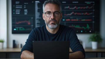 Professional man with glasses focused on financial data analysis photo