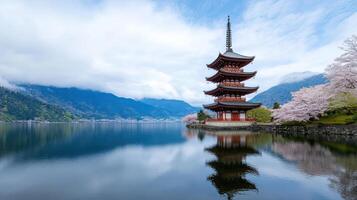 serene pagoda reflecting in calm waters, surrounded by cherry blossoms and mountains photo