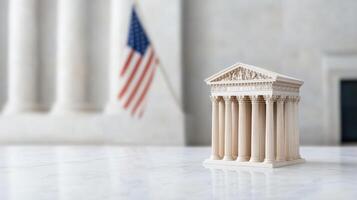 miniature model of classical building symbolizes justice and law, set against backdrop photo