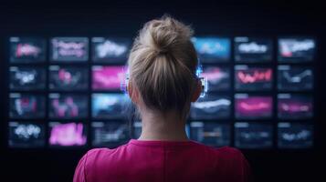 person with bun hairstyle is focused multiple digital screens displaying data and graphs photo