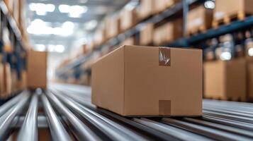 cardboard box conveyor belt warehouse, symbolizing efficient logistics and storage solutions photo