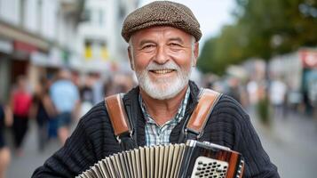 cheerful street musician plays accordion, bringing joy to passersby in lively urban setting photo