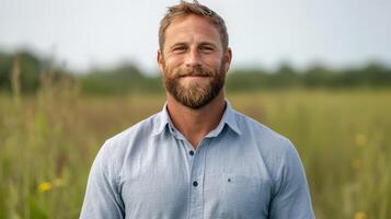 smiling man stands confidently in lush green field, showcasing relaxed demeanor photo