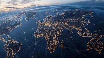 detailed map of world illuminated by city lights, showcasing global connectivity and networks photo