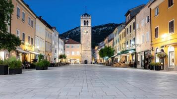 Charming medieval clock tower stands tall in serene European square at dusk photo
