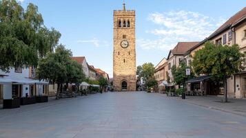 Charming medieval clock tower stands tall in serene European town square photo