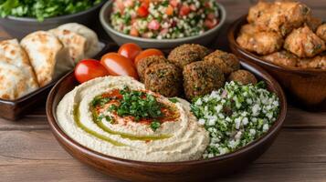 Delicious Mediterranean feast featuring hummus, falafel, and fresh salads photo