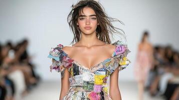 A model walks down the runway wearing a dress with colorful paper photo