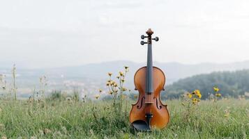 A violin sits in a field with flowers and mountains in the background photo