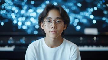 A boy wearing glasses and sitting in front of a piano photo