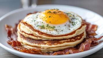 Pancakes with bacon and an egg on top photo