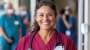A woman in scrubs smiling at the camera photo
