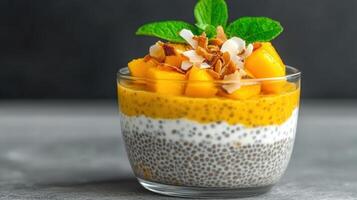 Chia pudding with mango and coconut photo