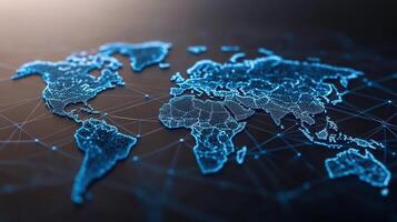 Digital world map with glowing connections and network lines, representing global communication photo