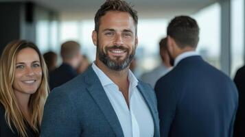 Professional networking event with confident individuals engaging in conversation photo