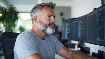 focused man with beard works dual monitor setup modern home office, showcasing productivity photo