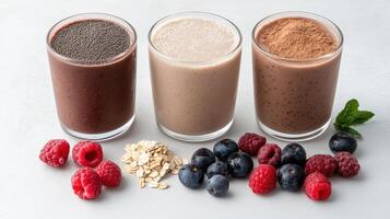 Creamy smoothies with berries, oats, and toppings create delicious and nutritious treat photo