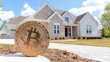 cryptocurrency coin placed in front of modern house symbolizes real estate investment photo