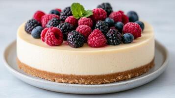 Creamy cheesecake topped with fresh berries, showcasing vibrant colors and textures photo