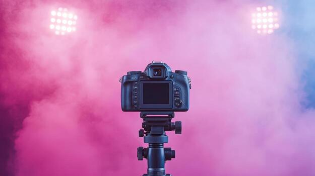 camera on tripod with vibrant lights and fog creates captivating atmosphere for photography photo
