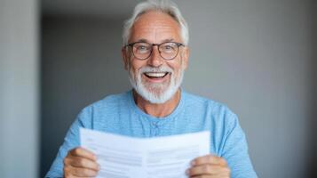 Happy senior man holding document, smiling with joy in bright room photo