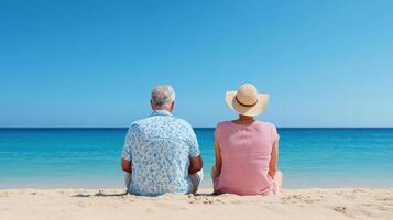 Relaxing retired couple sitting on beach, enjoying serene ocean view and sunny sky photo