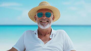 retired individual enjoying luxurious vacation at beautiful beach, radiating happiness photo