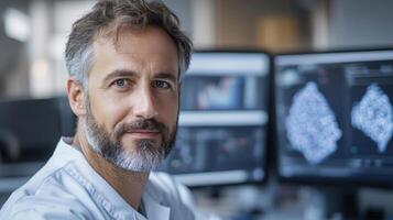 scientist in research lab, focused on digital analysis and technology photo