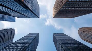 Four tall buildings are seen from above photo