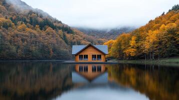 A small wooden house sits on the edge of a lake photo