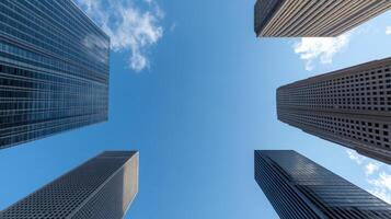 Tall skyscrapers reach towards bright blue sky, creating stunning urban view photo
