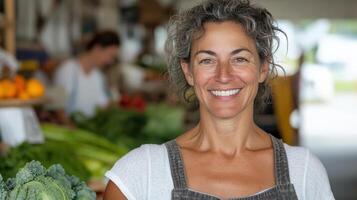 Smiling woman in apron at market, surrounded by fresh produce, radiating warmth and joy photo