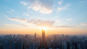 The sun is setting over a city skyline photo