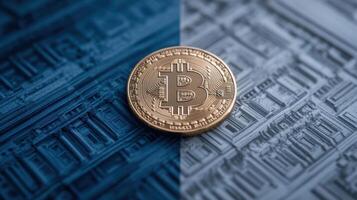 golden cryptocurrency coin rests on contrasting background, symbolizing finance photo
