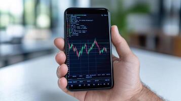 smartphone displaying stock market data with hand holding it, showcasing financial analysis photo