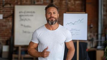 Confident man giving thumbs up in modern office setting, showcasing positivity and success photo