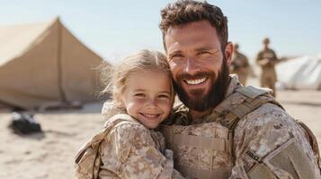 Soldier embraces child with joy, showcasing heartfelt reunion in military setting photo