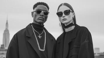 Two people wearing sunglasses and a jacket photo