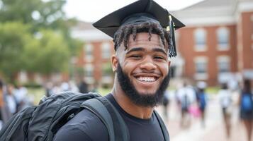 Graduation celebration with joyful student wearing cap and gown, expressing pride photo
