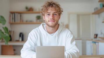 young man with curly hair is sitting desk, smiling while looking laptop. background features photo