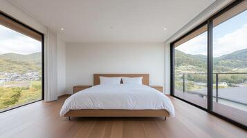 stylish minimalist bedroom featuring low platform bed and large windows with scenic views photo