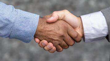 Two people shaking hands over a gray background photo