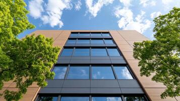 Modern office building with trees and blue sky photo