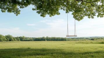 serene swing hanging from large oak tree, gently swaying in peaceful field photo