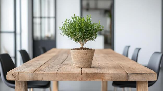 pequeño en conserva planta se sienta en rústico de madera mesa en moderno oficina espacio, agregando toque de naturaleza foto