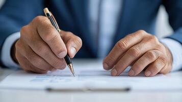A man in a suit is writing on a piece of paper photo