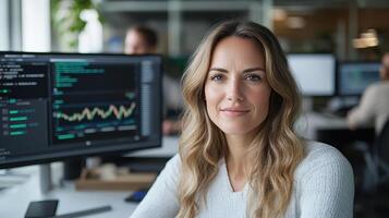 Professional woman smiling office with data analysis screens, showcasing confidence photo