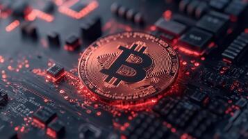 digital representation of cryptocurrency with glowing coin circuit board, symbolizing technology photo